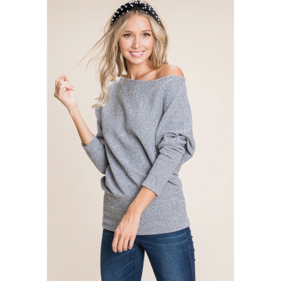 SOLD OUT Gray Solid Ribbed Off Shoulder Dolman Sweater - Picture 6 of 6